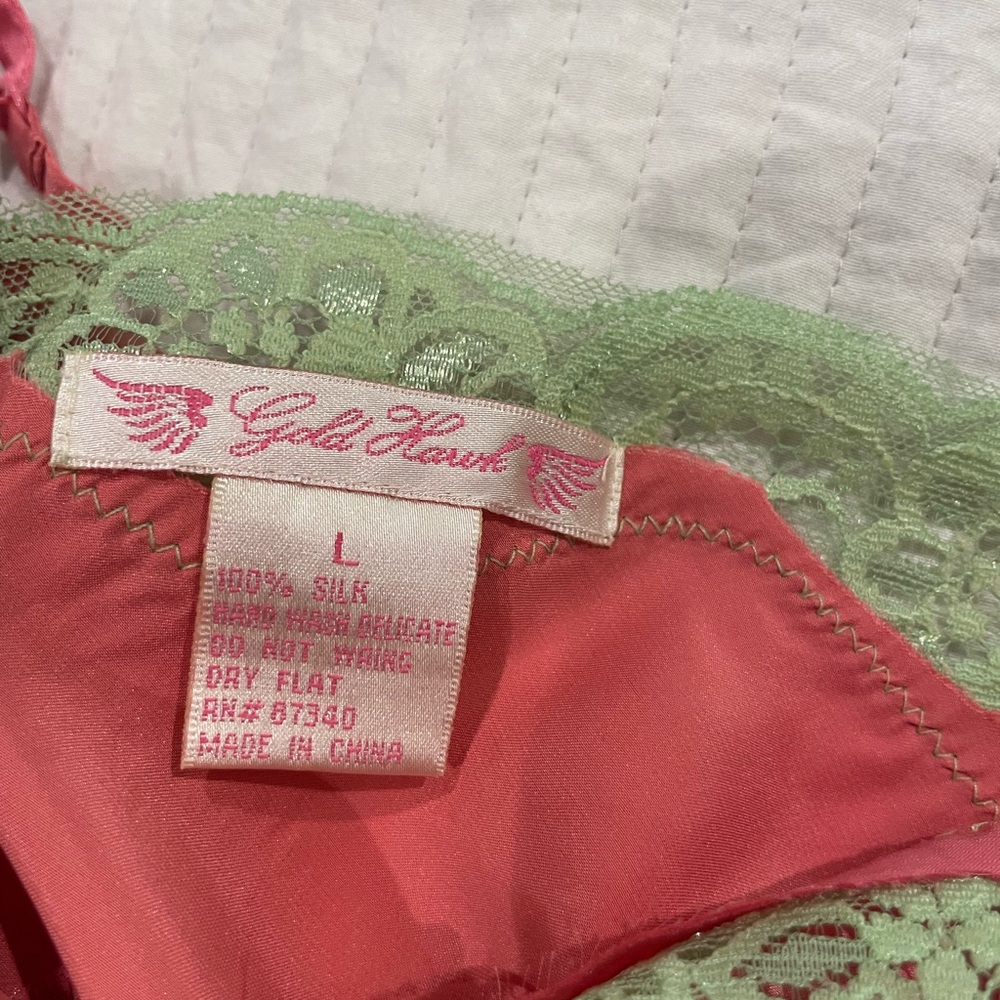 Pink Satin Slip with Pale Green Lace Trim - Women's Intimates ( Large) - Picture 11 of 11
